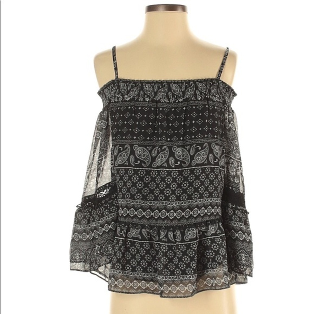 BCX S black paisley flare sleeve lined Chiffon top